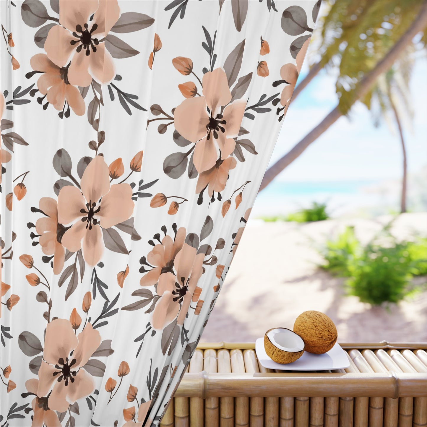 Floral Window Curtain - Elegant Beige & White Botanical Design